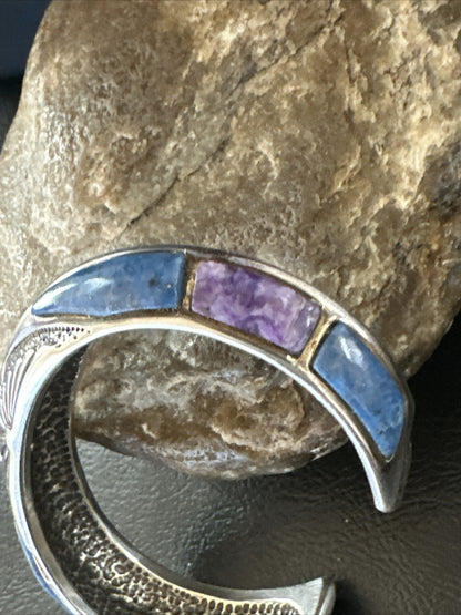 Mens  Purple Stone Lapis Navajo Sterling Silver Tufa Cast Cuff Bracelet 18146