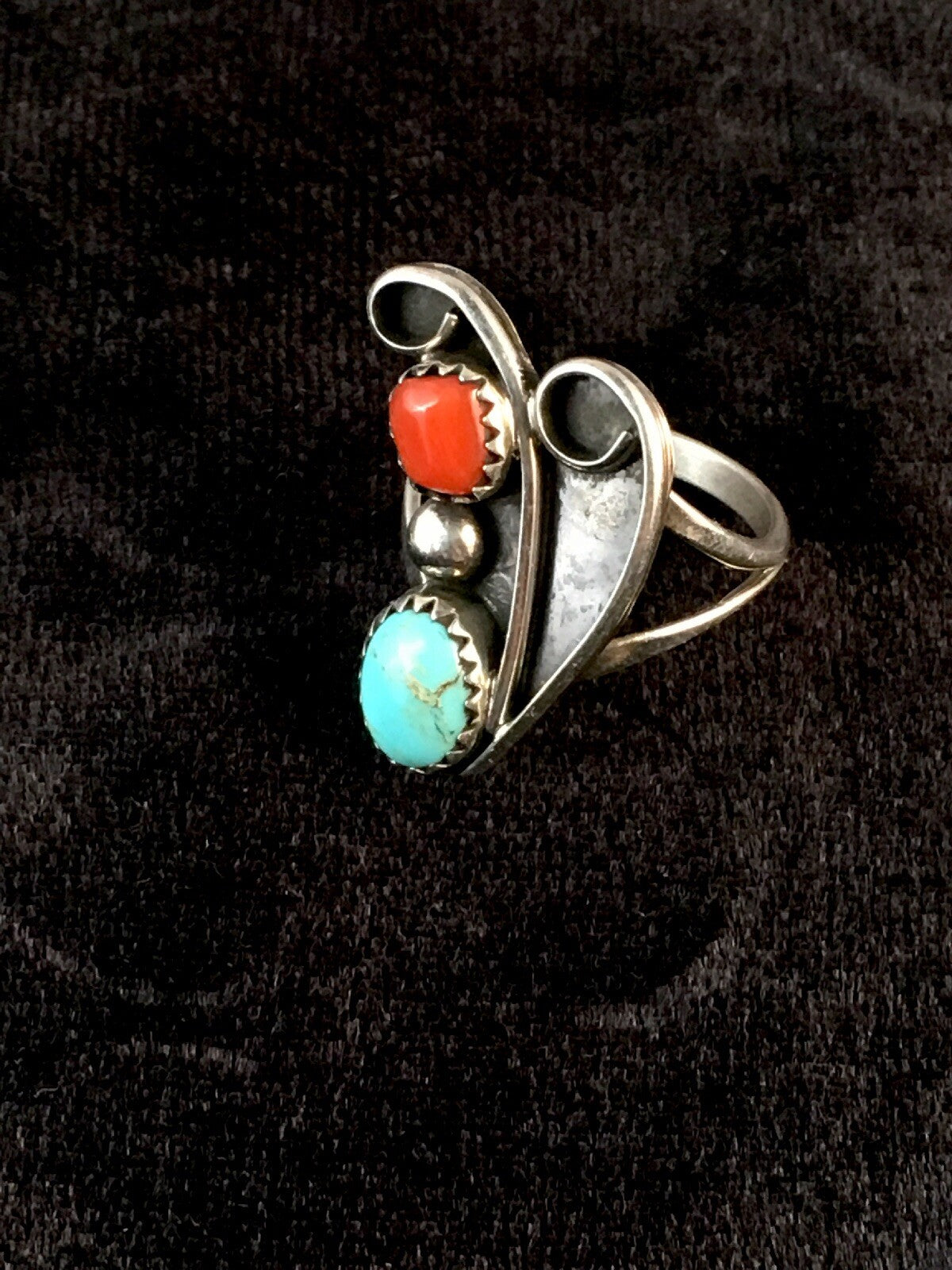 Mens Turquoise & Coral Navajo Sterling Silver Ring Size 6.5 08714