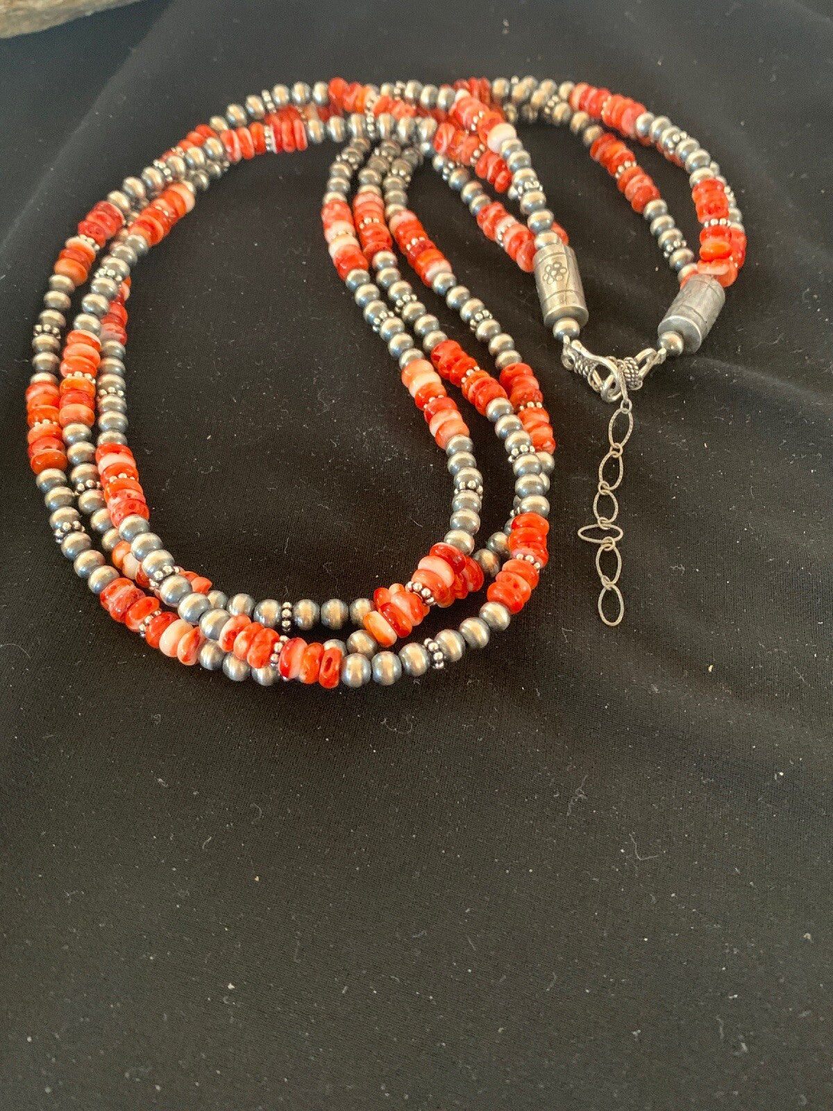 Red Spiny Oyster 3 Strands Navajo Pearls Sterling Silver Necklace 03172