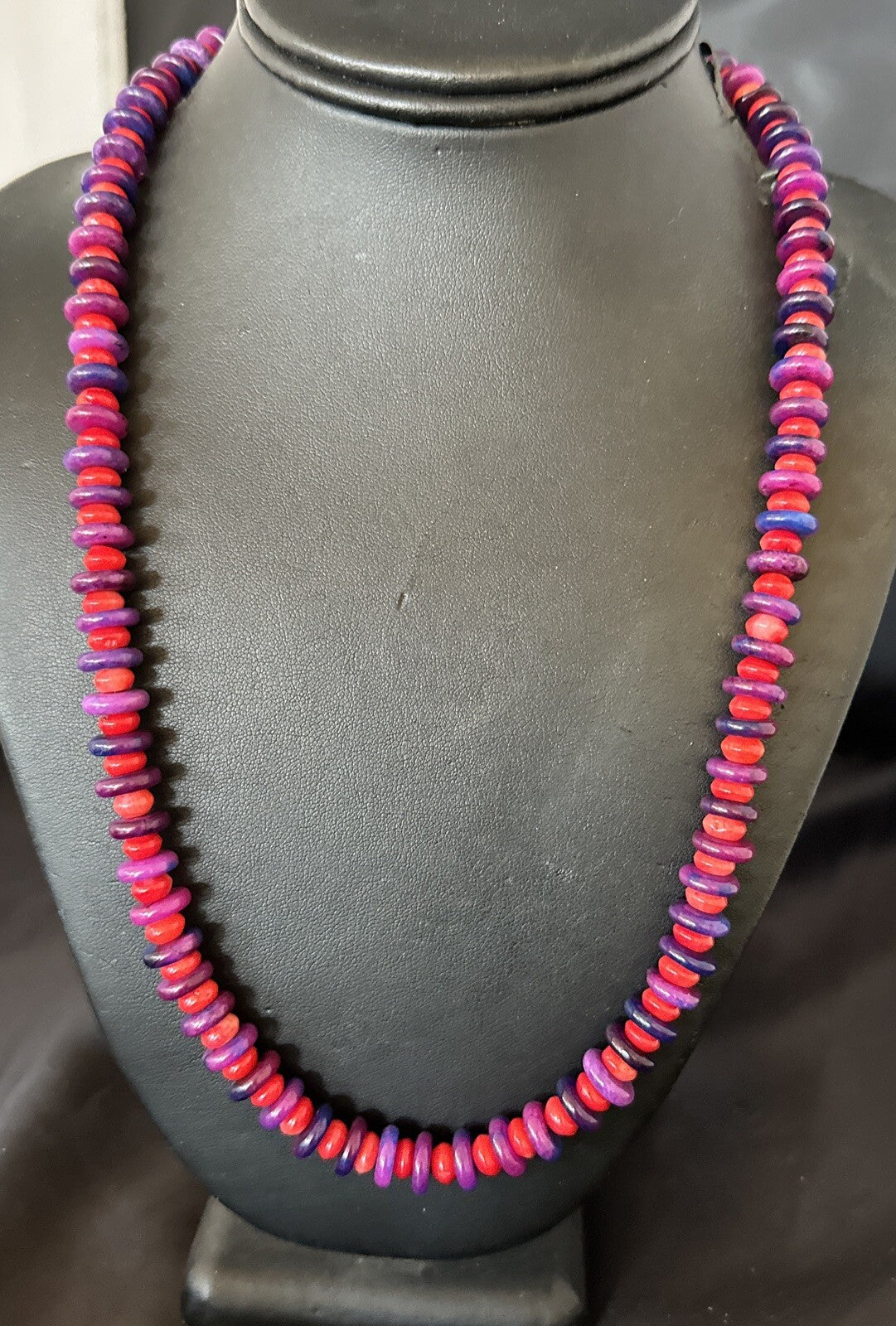 10mm  Purple Stone Red Coral Bead Navajo Sterling Silver Necklace 23” 17832
