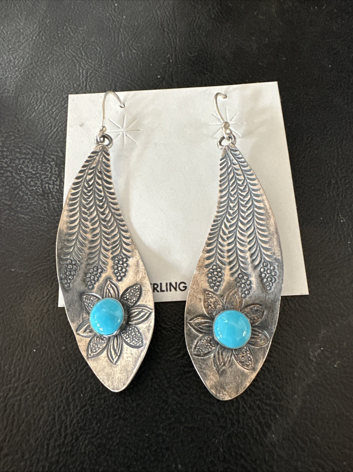 Womens Stamped Blue Turquoise Dangle Earrings Feather Sterling Silver 19785