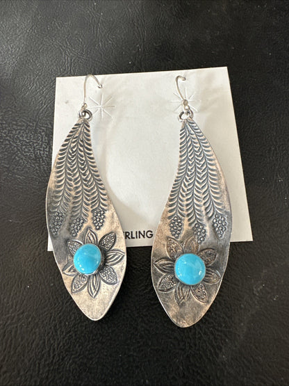 Womens Stamped Blue Turquoise Dangle Earrings Feather Sterling Silver 19785
