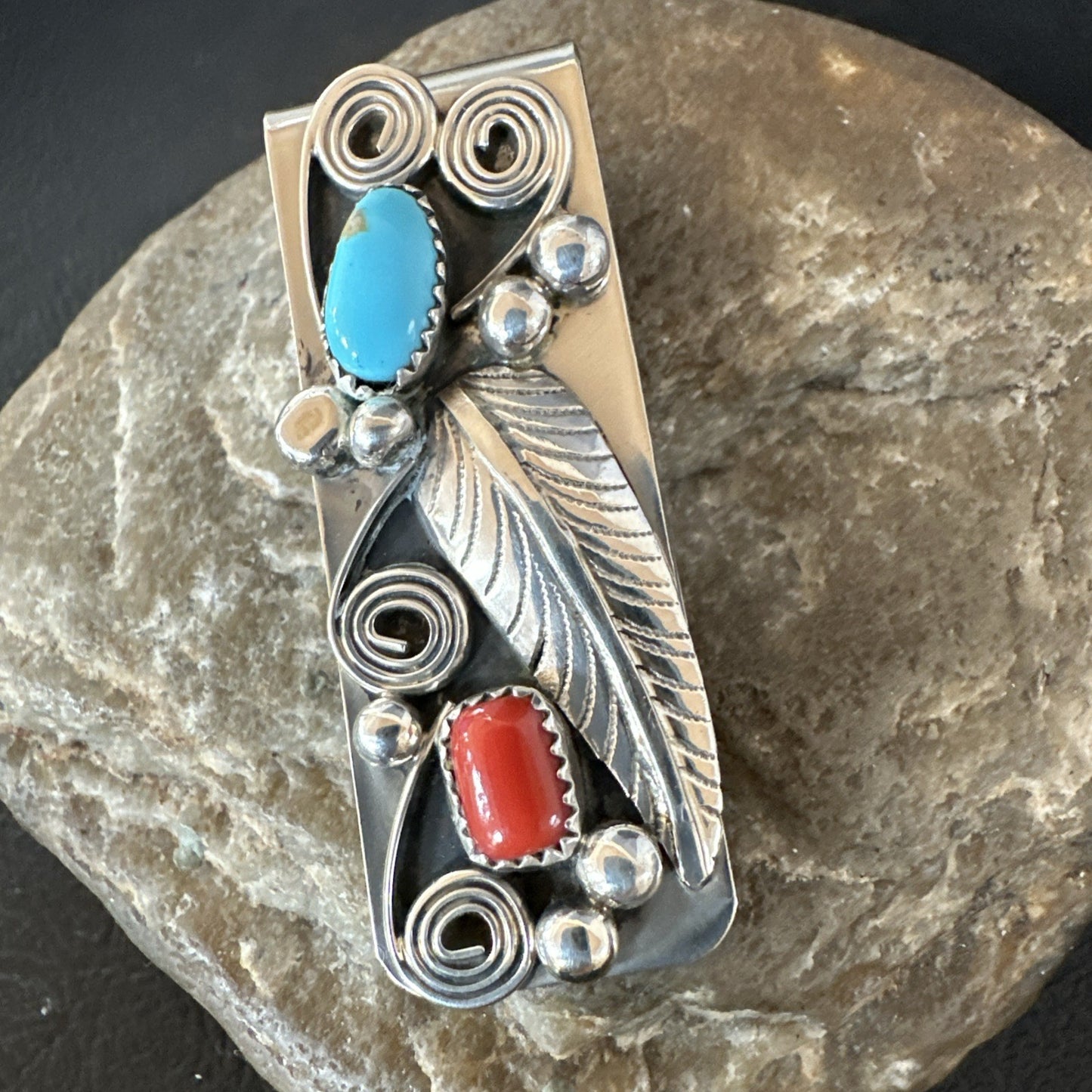Mens Women Blue Turquoise Coral Navajo Stainless Stamped Silver Money Clip 19735
