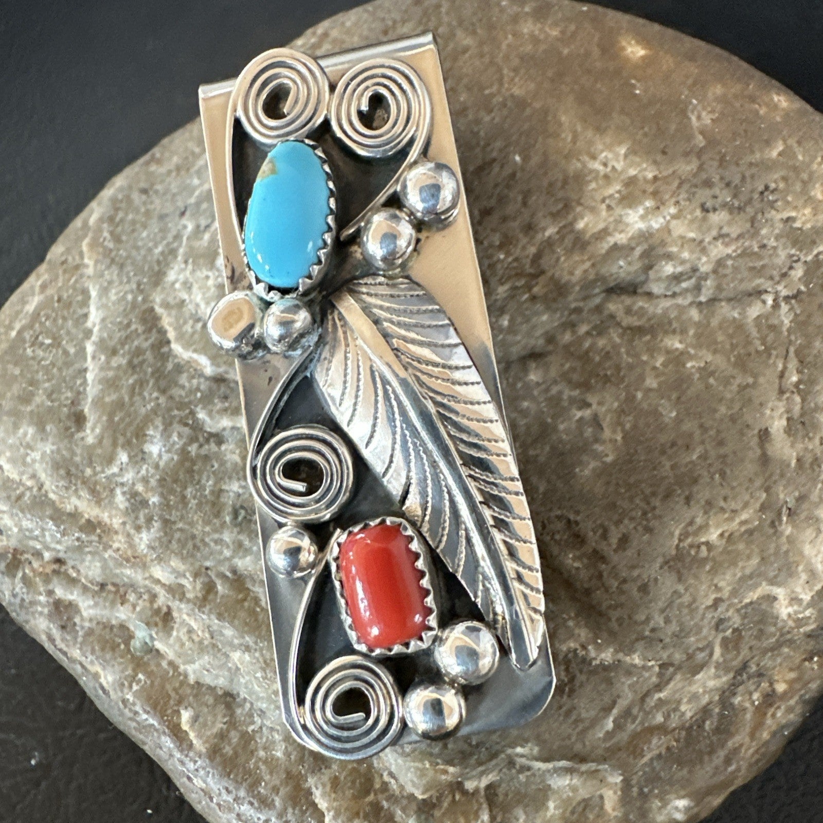 Mens Women Blue Turquoise Coral Navajo Stainless Stamped Silver Money Clip 19735