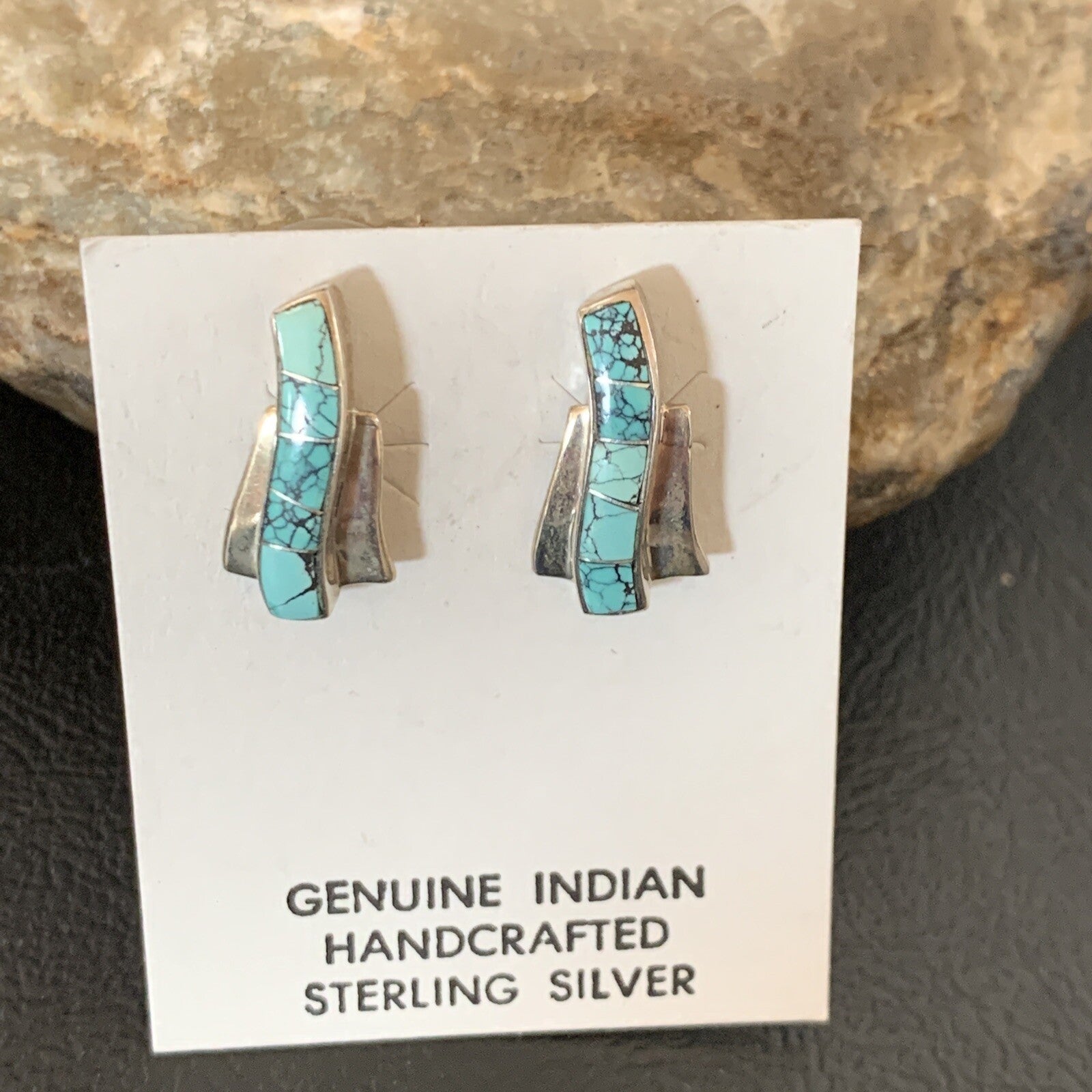 Womens Blue Spider Web Turquoise Navajo Sterling Silver Inlay Earrings 12899