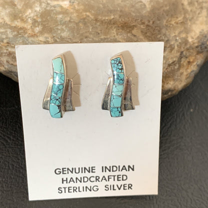 Womens Blue Spider Web Turquoise Navajo Sterling Silver Inlay Earrings 12899