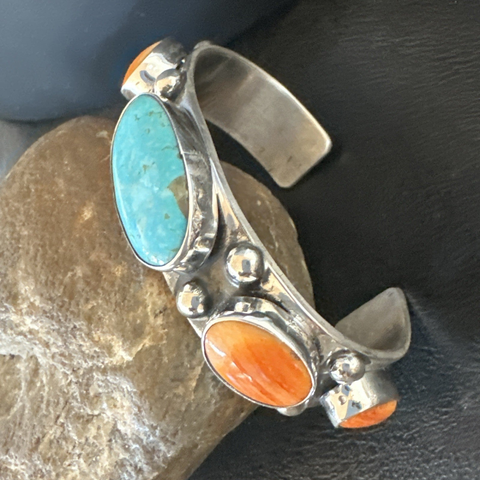 Orange Spiny Turquoise 5 Stone Sterling Silver Navajo Cuff Bracelet 7.7" 19479