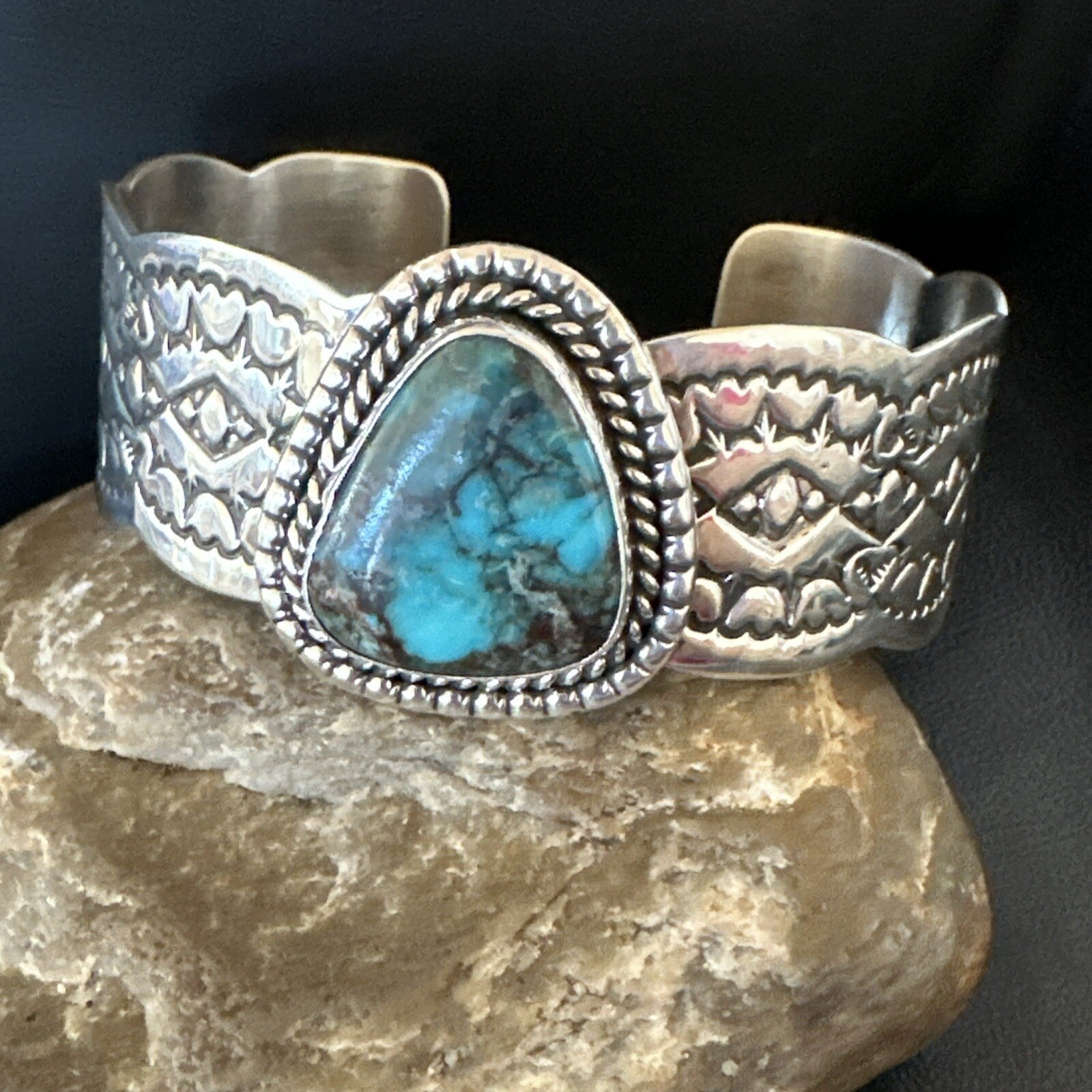 Navajo Blue TURQUOISE Stamped Sterling Silver Cuff Bracelet 8.3" 18716