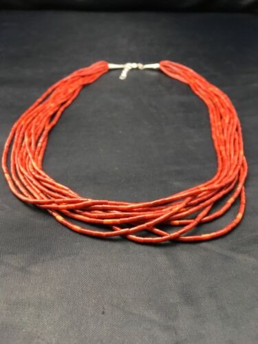 Native American Red Coral Navajo Necklace Sterling Silver 10 Strand 4387