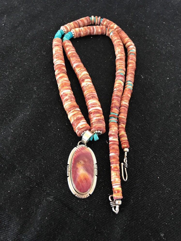 Native Navajo Sterling Silver Turquoise Spiny Oyster Bead Necklace Pendant 10040
