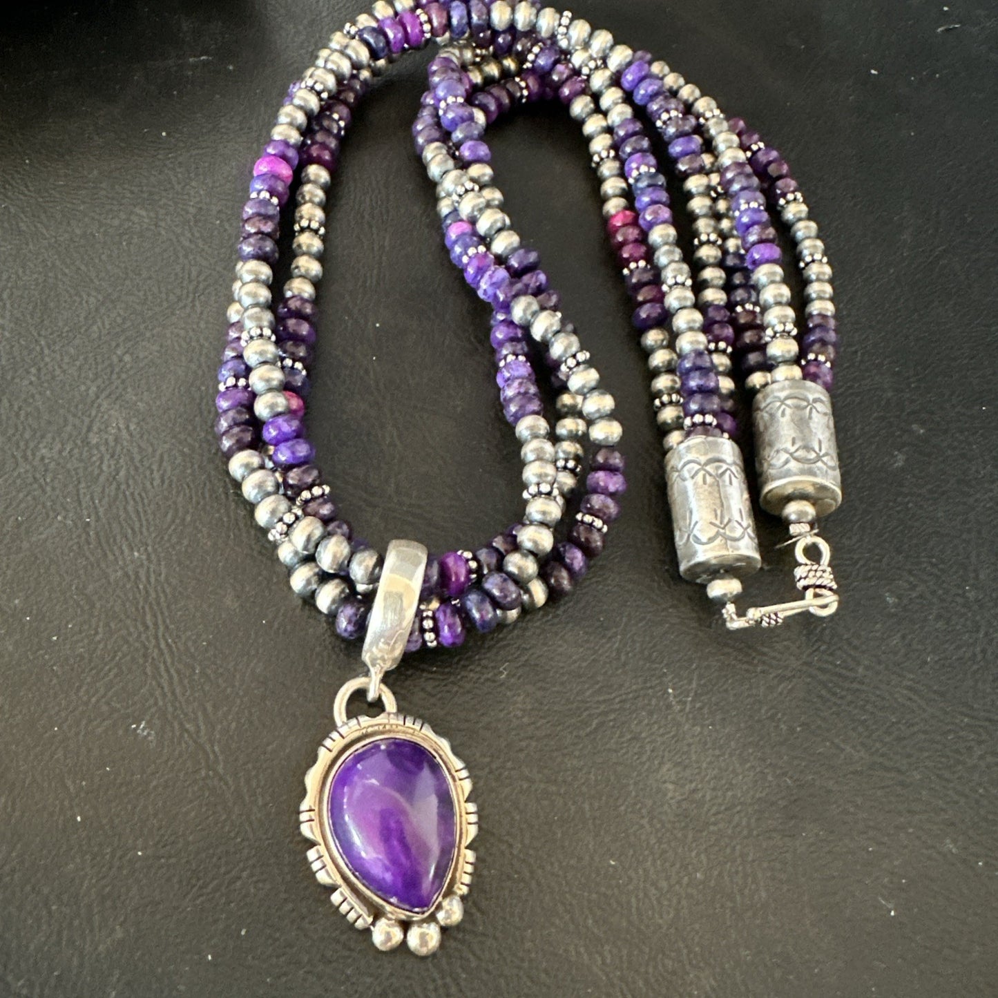 Navajo Sterling Silver 3 Strand Purple Stone Necklace Pendant 22” 19028