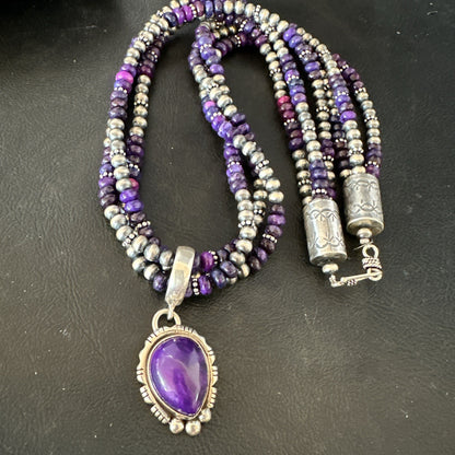 Navajo Sterling Silver 3 Strand Purple Stone Necklace Pendant 22” 19028
