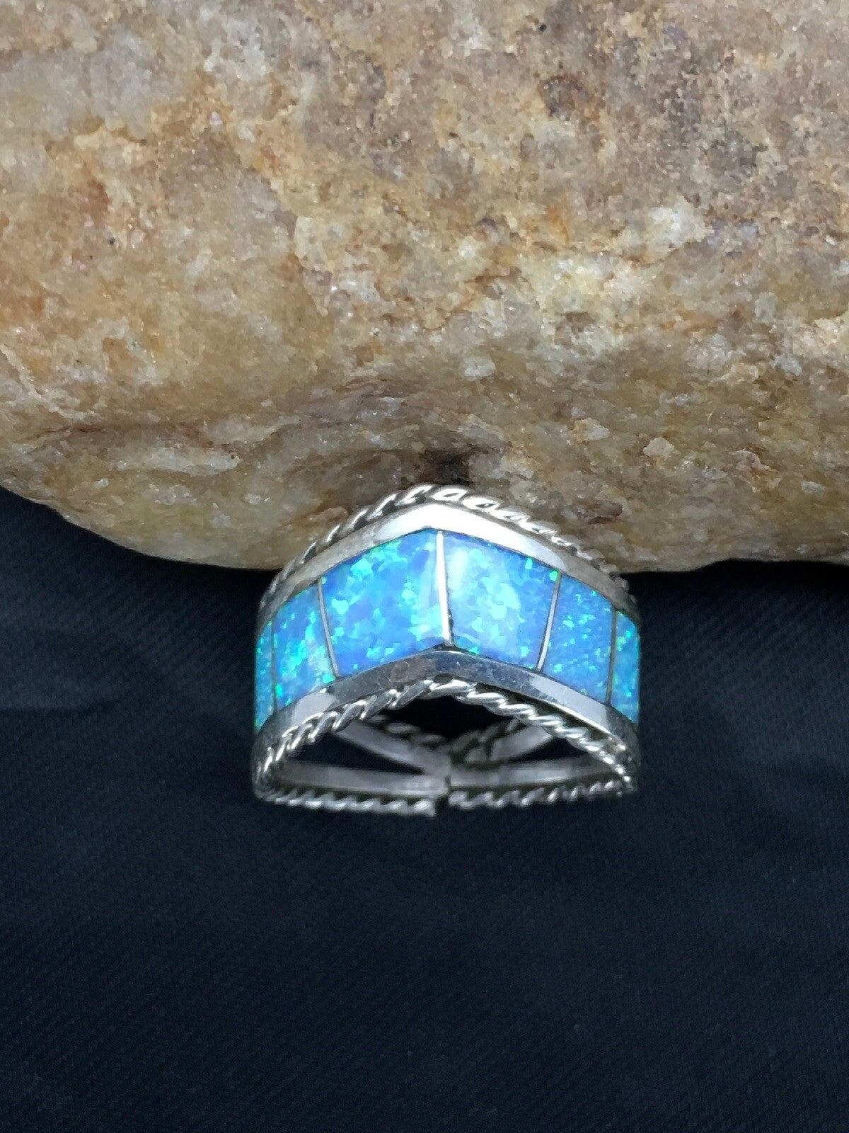 Native American Navajo Sterling Silver Blue Opal Inlay Ring Set7.75 02785