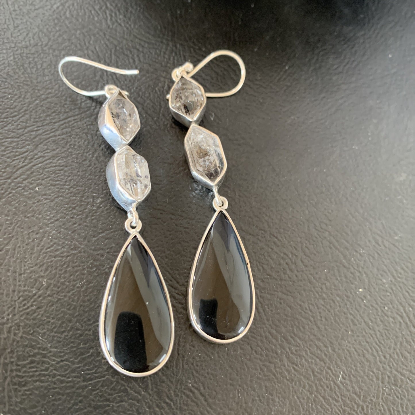 Black Onyx & Quartz Navajo Sterling Silver Dangle Earring 2" 12086
