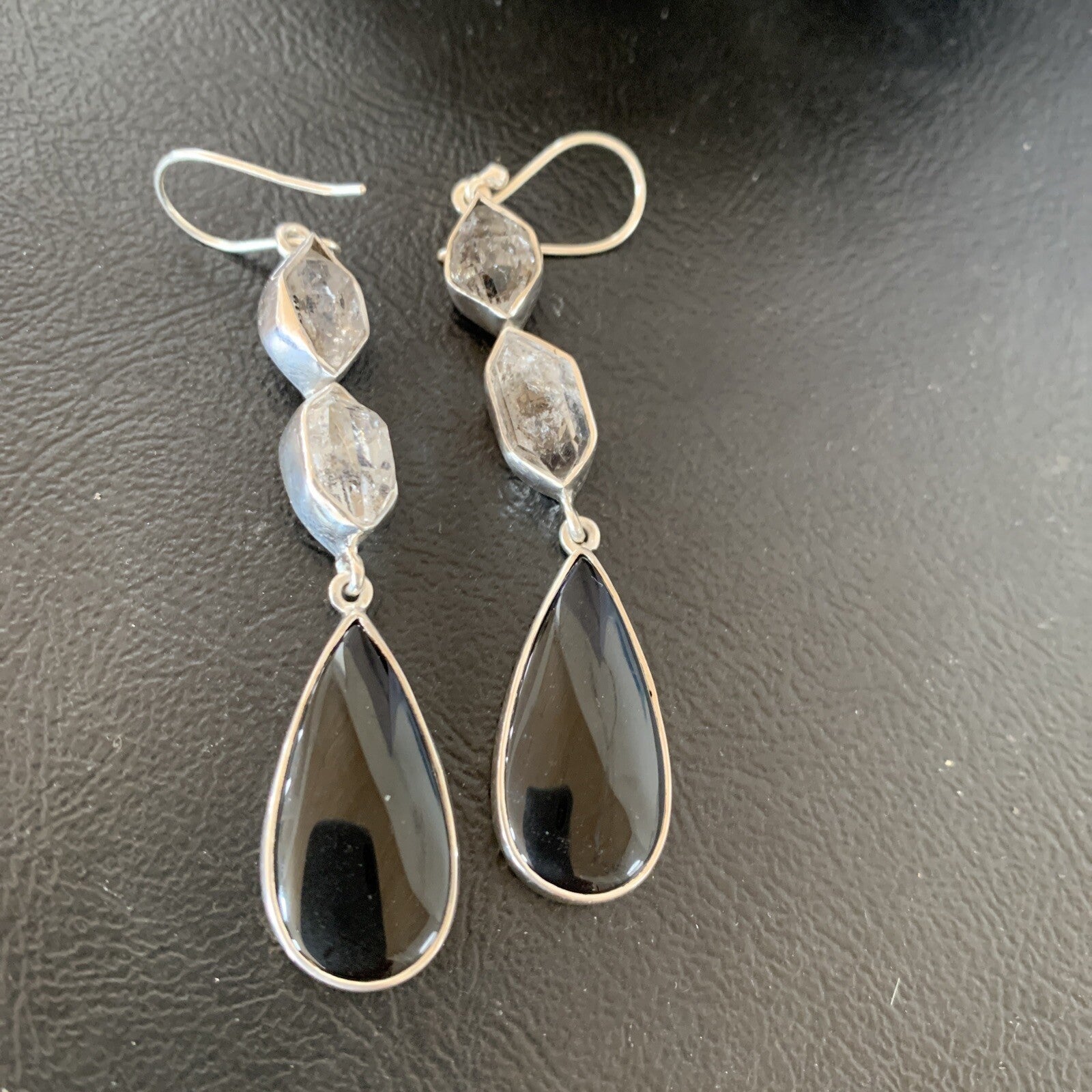 Black Onyx & Quartz Navajo Sterling Silver Dangle Earring 2" 12086