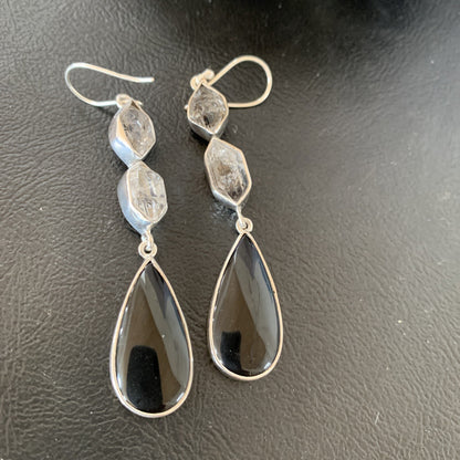 Black Onyx & Quartz Navajo Sterling Silver Dangle Earring 2" 12086
