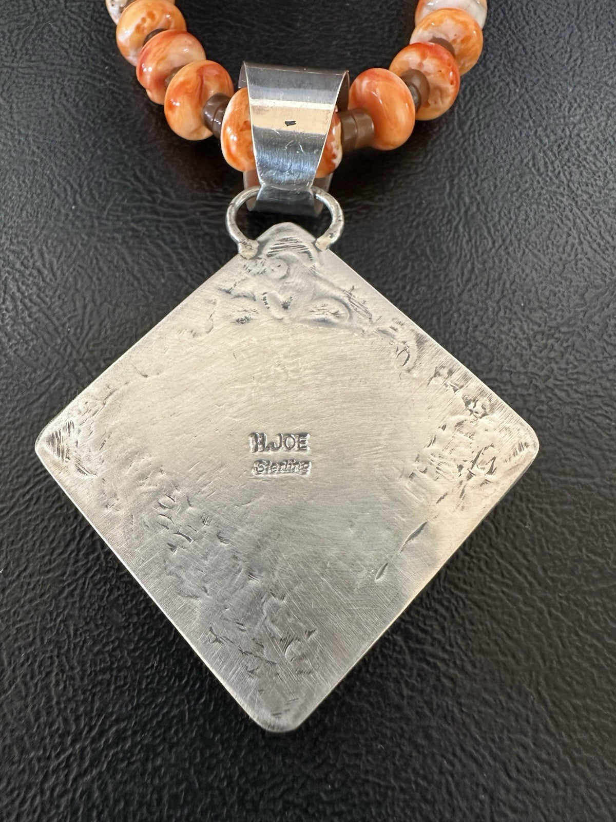 H Joe Orange Spiny Oyster Heart Pendant Navajo Sterling Silver Necklace 19480