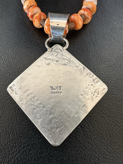 H Joe Orange Spiny Oyster Heart Pendant Navajo Sterling Silver Necklace 19480