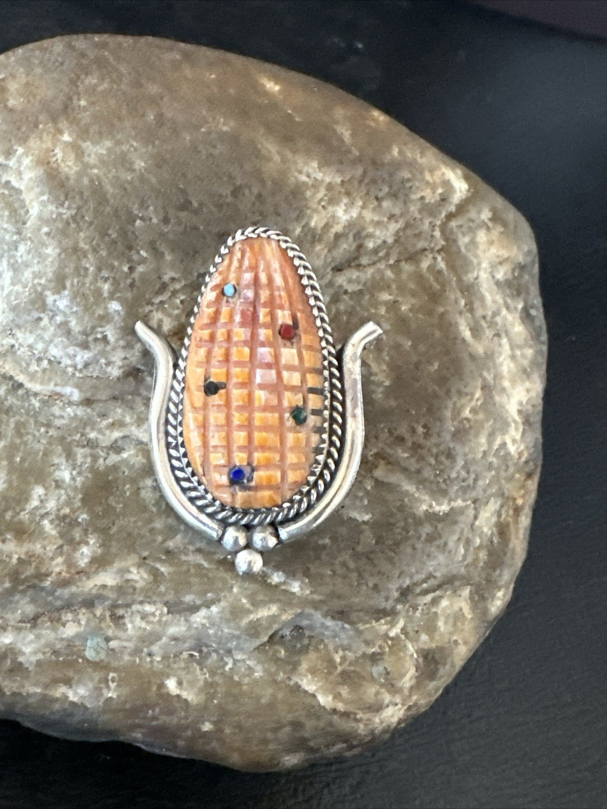 CORN INLAY Orange Spiny Turquoise Coral Zuni Sterling Silver Pin Pendant 17851