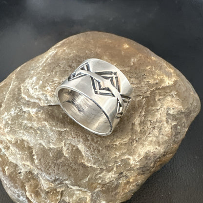 Mens Women Wedding Wide Band Navajo Stamped Sterling Silver Ring Size 10 19018