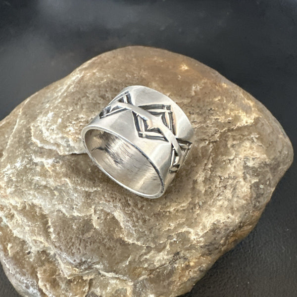 Men's Women Wedding Wide Band Navajo Stamped Ring Size 10 | Sterling Silver | Authentic Native American Handmade | 19018