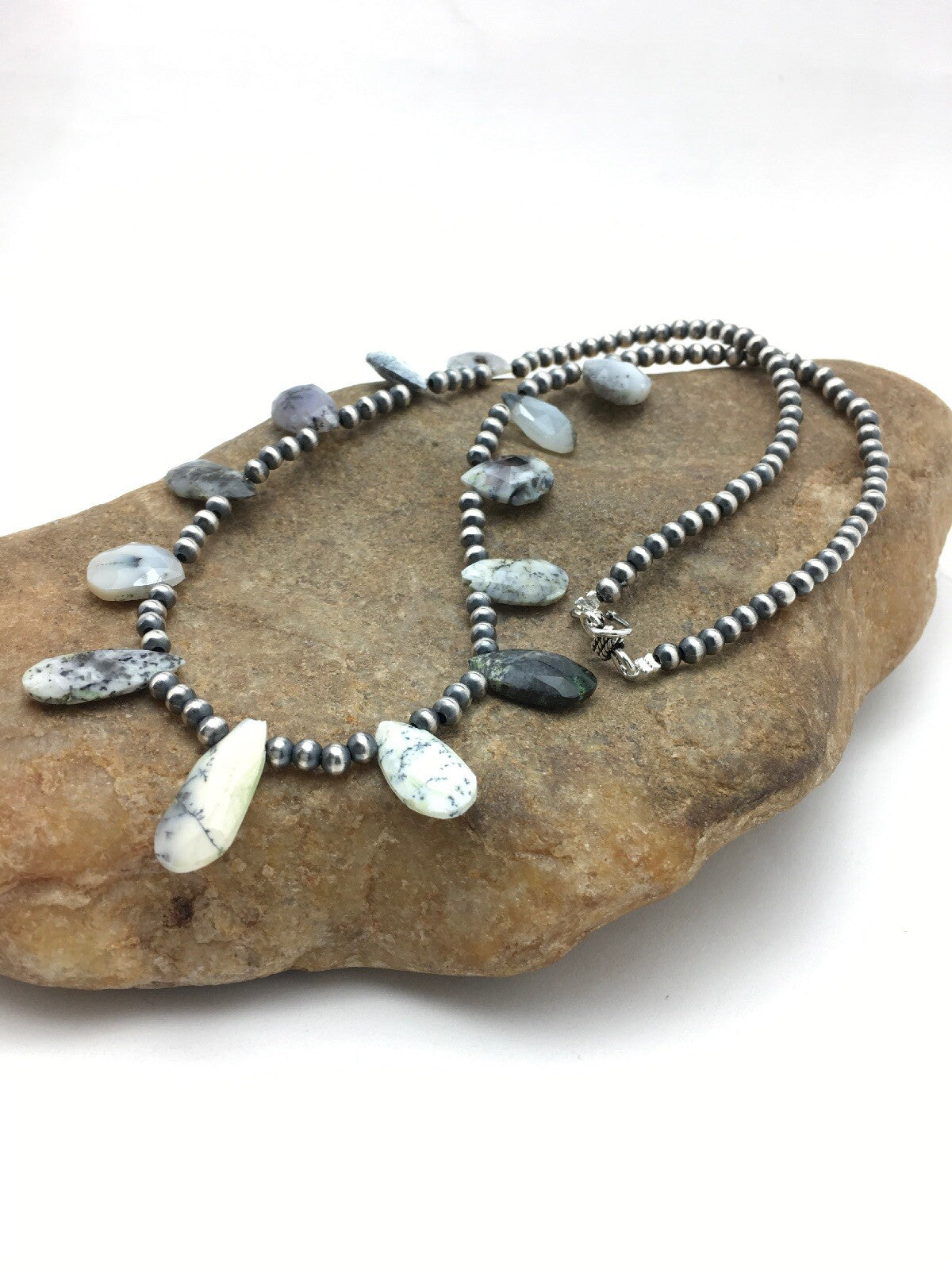 Black Rutile & Opal Pear Shaped Navajo Pearls Sterling Silver Necklace 4092