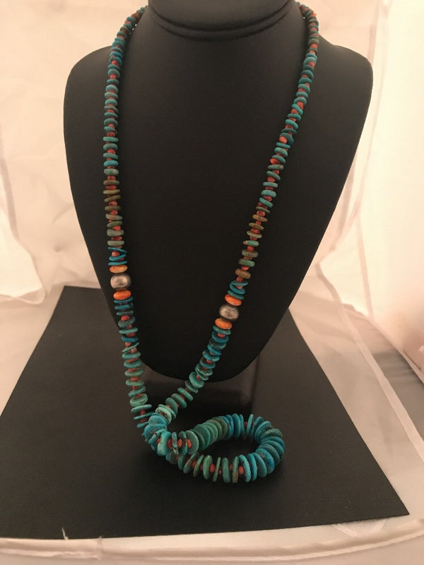 Kingman Turquoise Navajo Spiny Necklace 32" | Sterling Silver | Authentic Native American Handmade | 3684