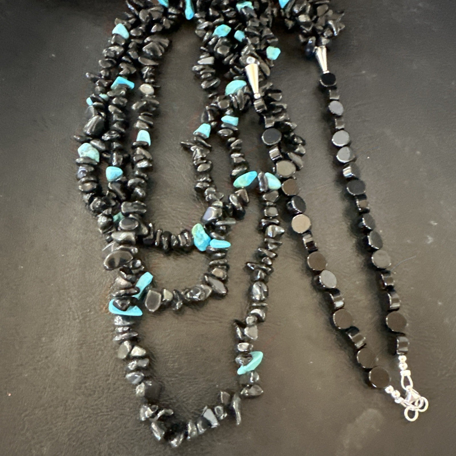 Sterling NAVAJO Black Onyx Blue Turquoise 3S Silver Necklace 30” 19577