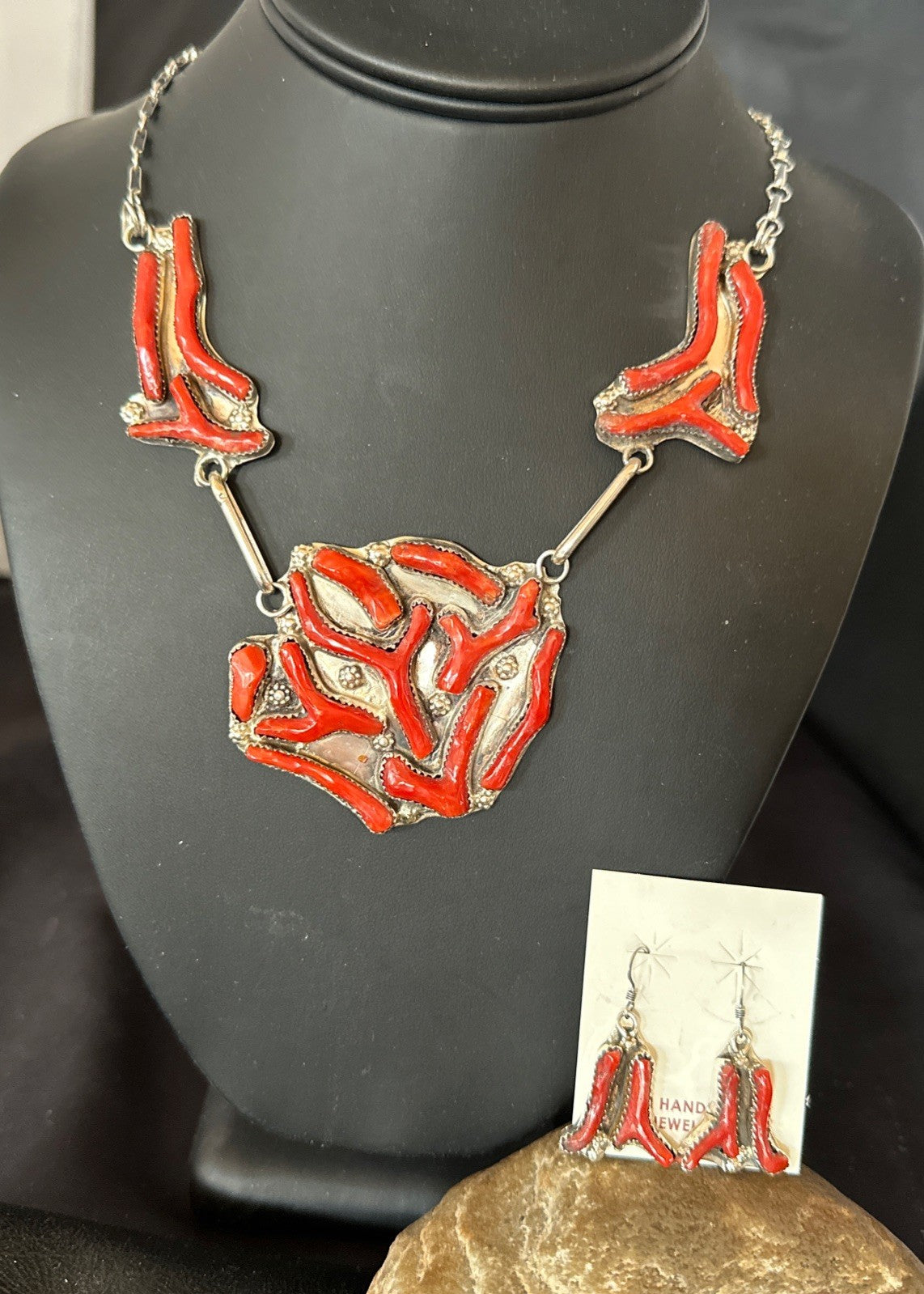 Branch Real Coral Zuni Inlay Sterling Silver Necklace Earrings 21" Set 19276