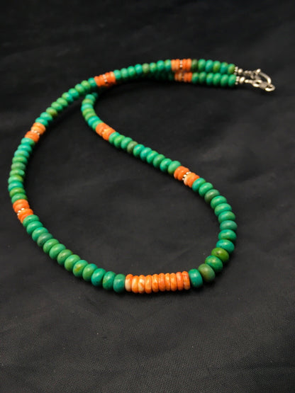 Green Turquoise & Spiny Oyster Navajo Sterling Silver Necklace 19" 04488