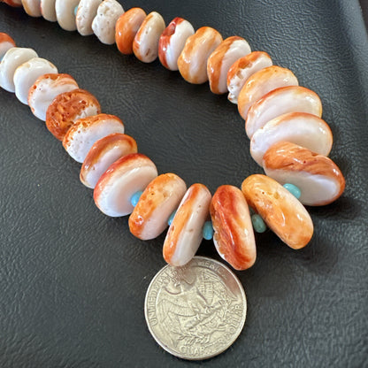 Orange Spiny Oyster Blue Turquoise Navajo Sterling Silver Necklace 25" 18089