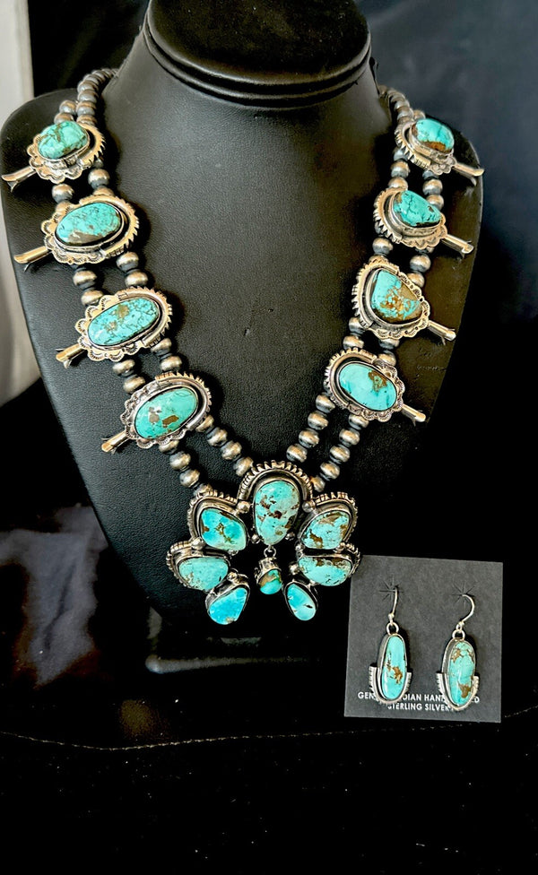 Royston Turquoise Navajo Squash Naja Necklace Earrings | Sterling Silver | Authentic Native American Handmade | 18237