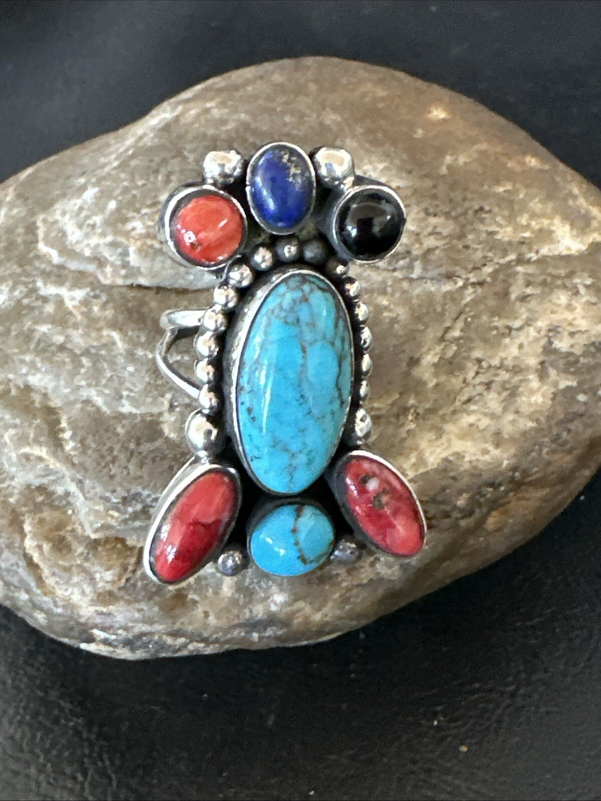 Cluster Blue Turquoise Spiny Oyster Onyx Sterling Silver Ring Size 8 18562