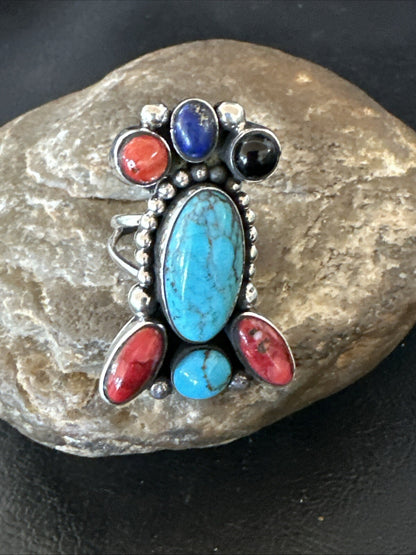 Cluster Blue Turquoise Spiny Oyster Onyx Sterling Silver Ring Size 8 18562