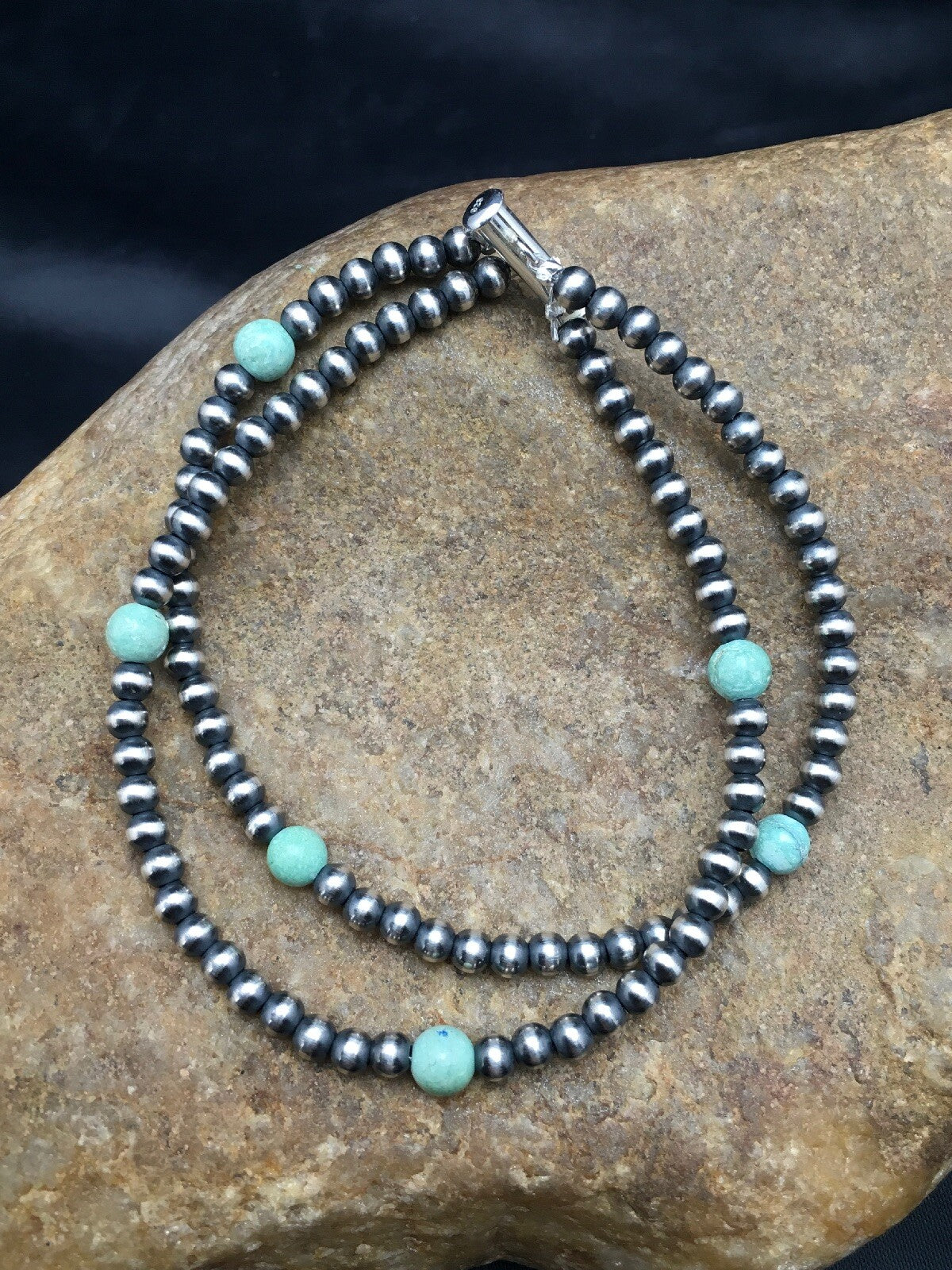 Blue Turquoise Bracelet Navajo Sterling Silver Beads 378