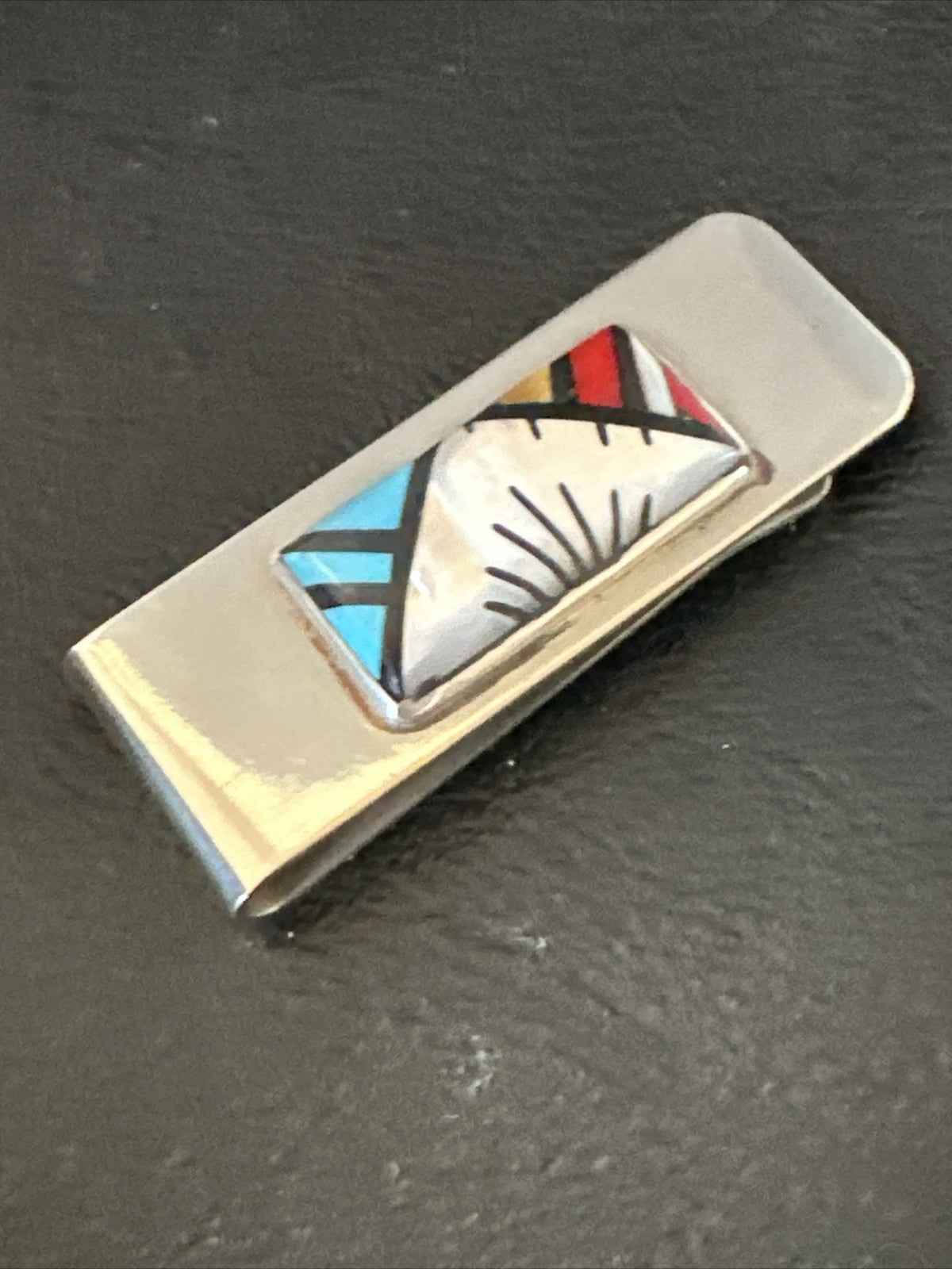 A Zuni Mens Turquoise Spiny Inlay Stainless Sterling Silver Money Clip 17836