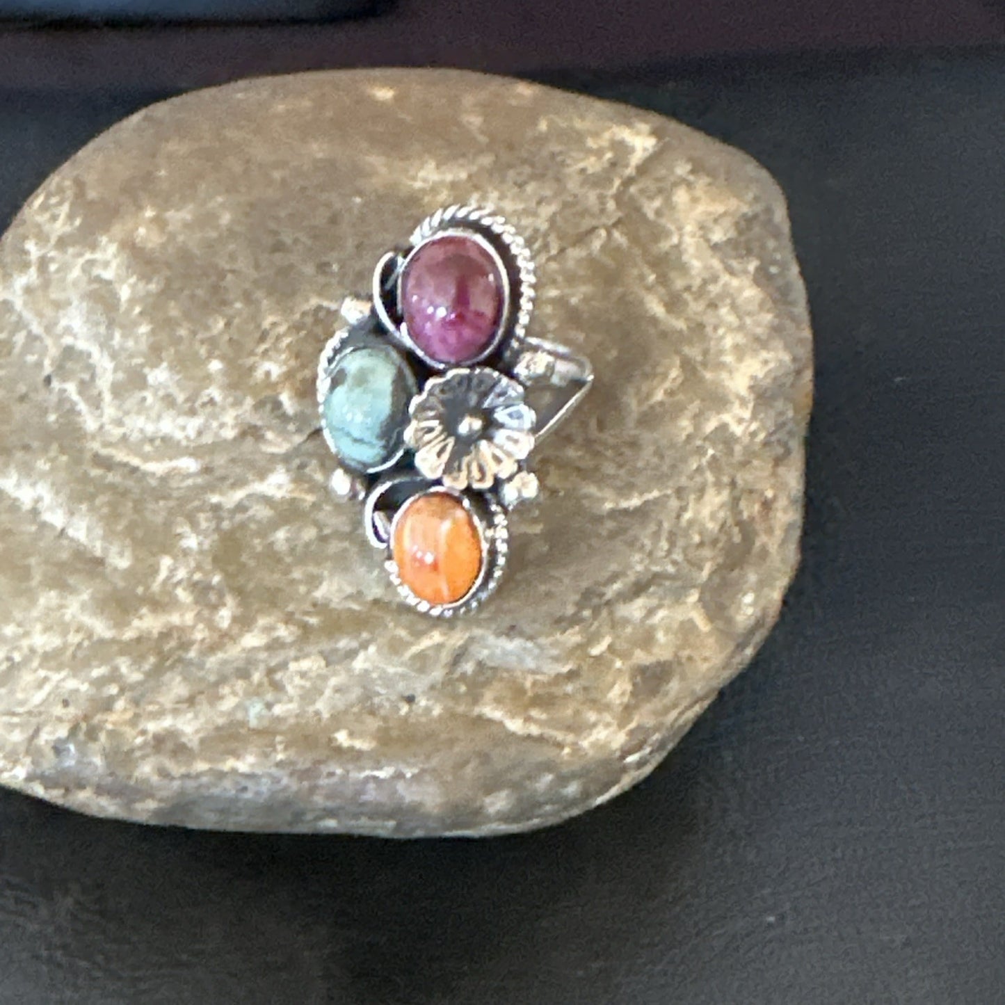 Multicolor Ring Turquoise Spiny Navajo Sterling Silver Cluster Size 8 19171
