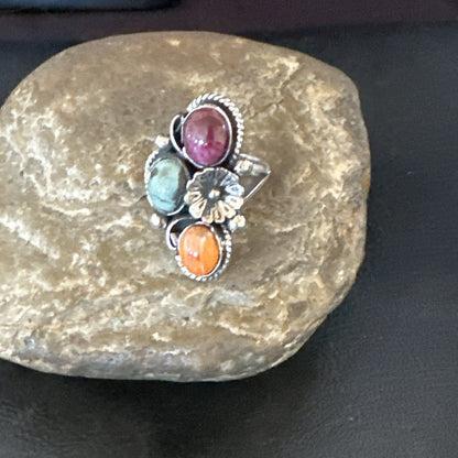 Multicolor Ring Turquoise Spiny Navajo Sterling Silver Cluster Size 8 19171