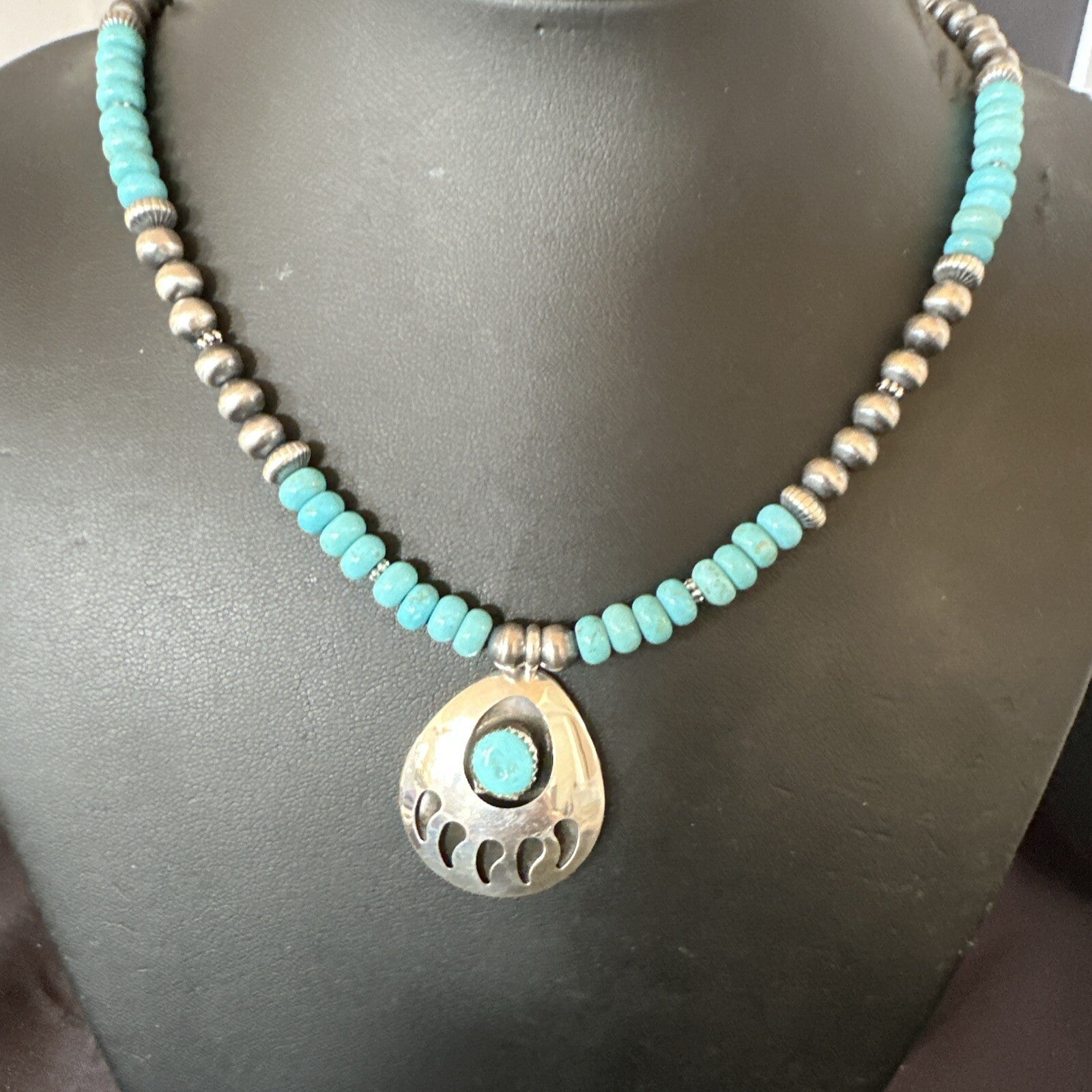 Mens Blue Turquoise BearPaw Pendant Navajo Pearls Sterling Silver Necklace 17880