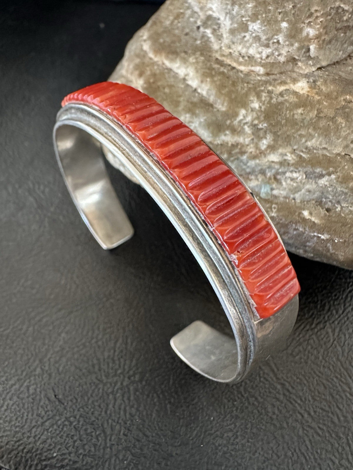 Native American Red Coral Navajo Bracelet Sterling Silver Handmade 19461