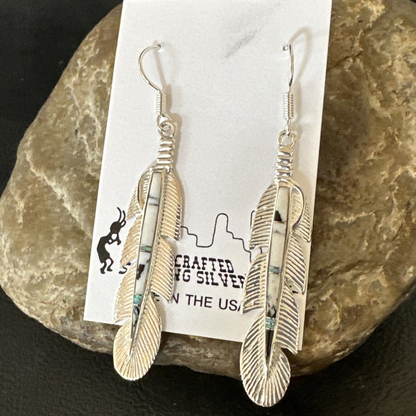 White Buffalo Turquoise Opal Sterling Silver Handmade Feather Earrings 18697