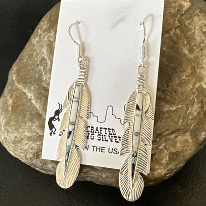 White Buffalo Turquoise Opal Sterling Silver Handmade Feather Earrings 18697