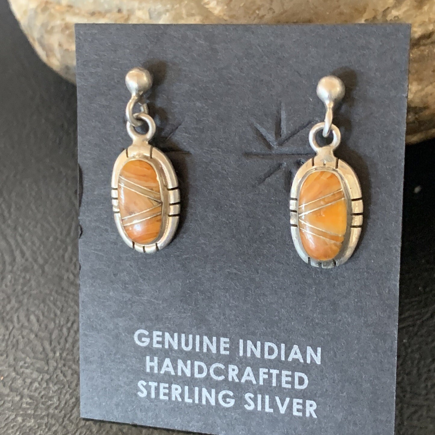 Orange Spiny Oyster Navajo Sterling Silver Dangle Inlay Earrings 12680