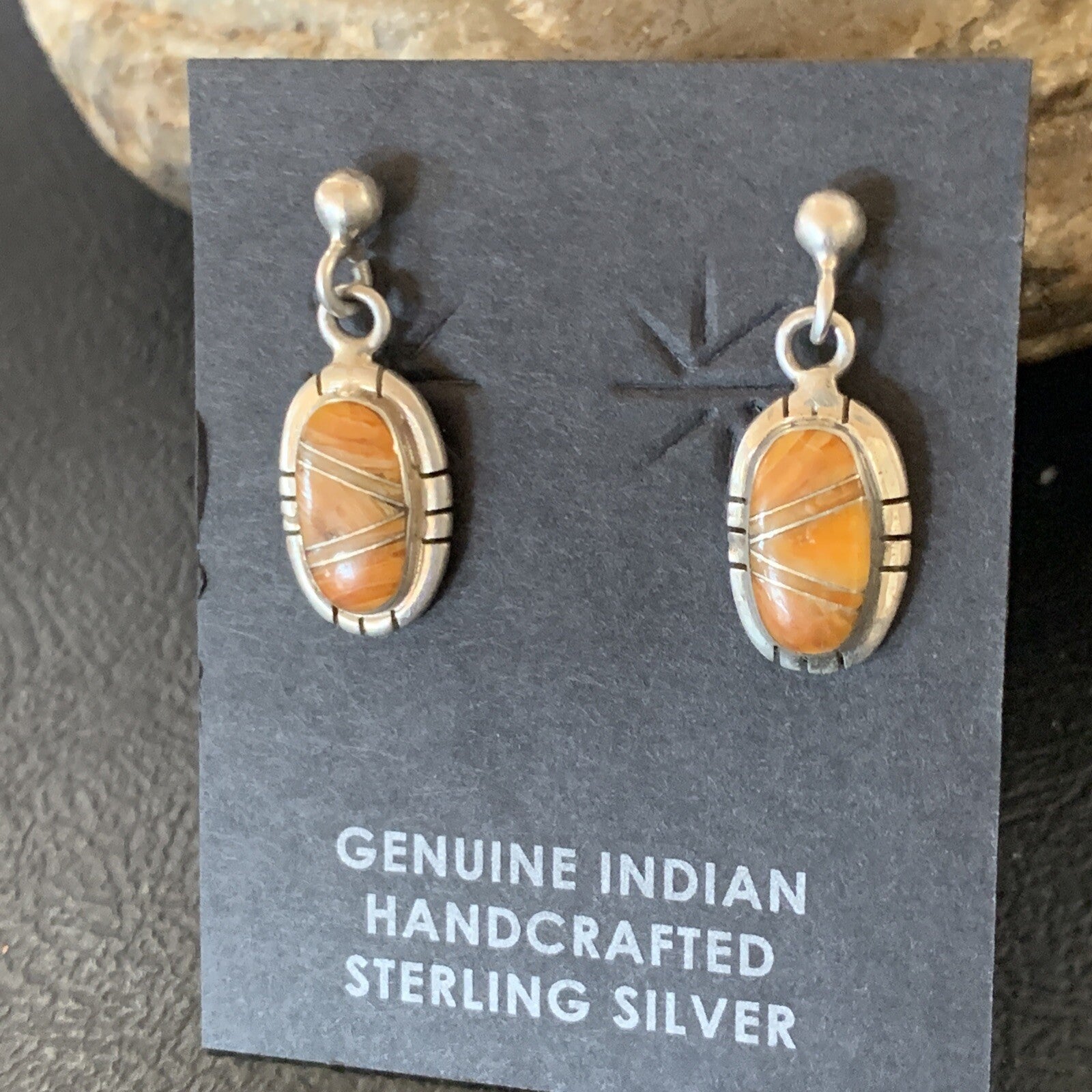 Orange Spiny Oyster Navajo Sterling Silver Dangle Inlay Earrings 12680