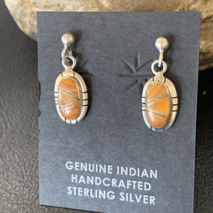 Orange Spiny Oyster Navajo Sterling Silver Dangle Inlay Earrings 12680