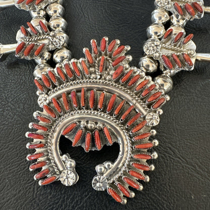 ZUNI Coral Sterling Silver Squash Blossom Needlepoint Necklace Earrings 19277