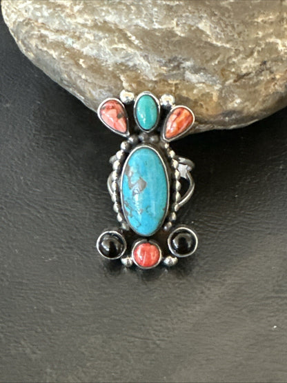 Cluster Blue Turquoise Spiny Oyster Onyx Sterling Silver Ring Size 9 18560