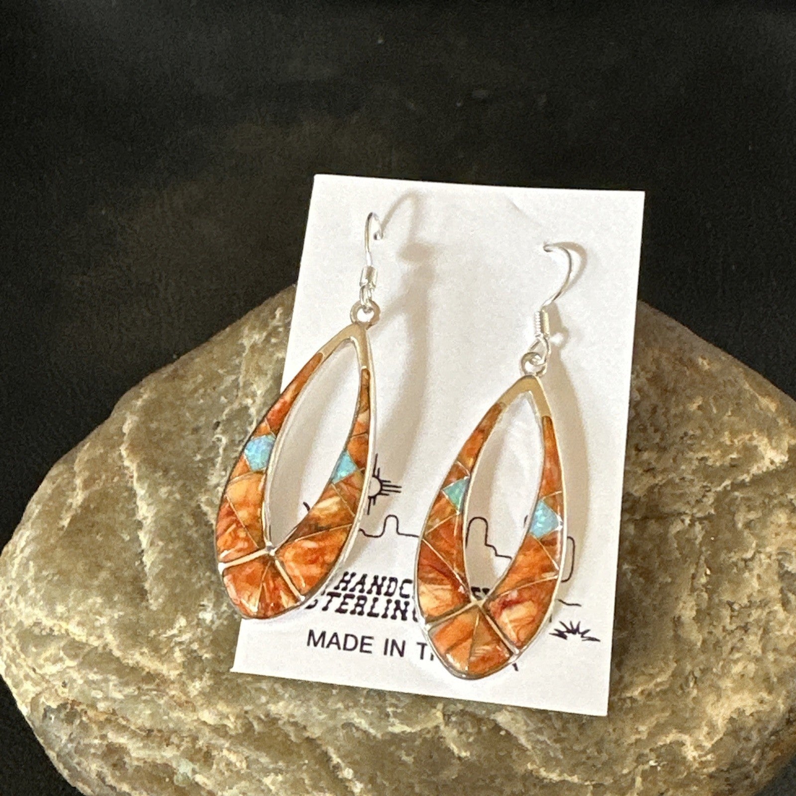 Women Opal Spiny Oyster Inlay Southwestern Sterling Silver Dangle Earrings 19136