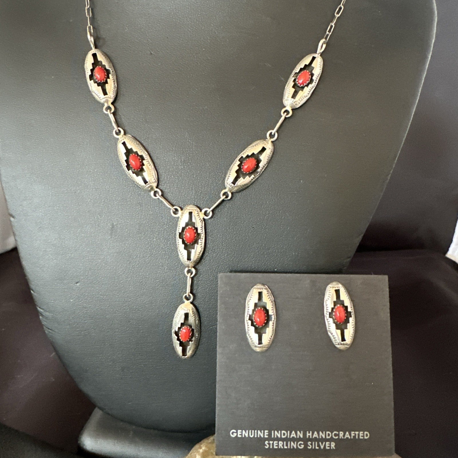 Old Native Navajo Red Coral Sterling Silver Shadowbox Necklace Earrings 18”19102