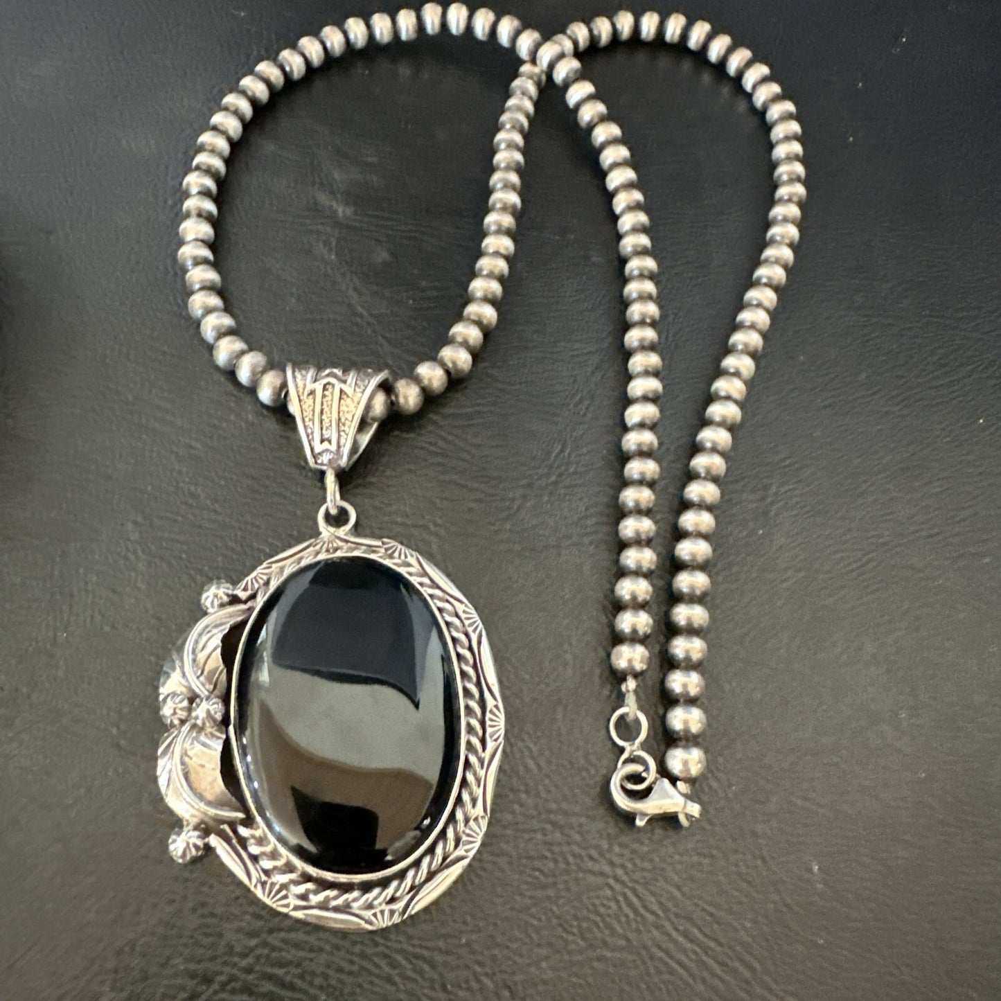 Mens Womens Black Onyx Pendant Navajo Sterling Silver Beads Necklace 18305